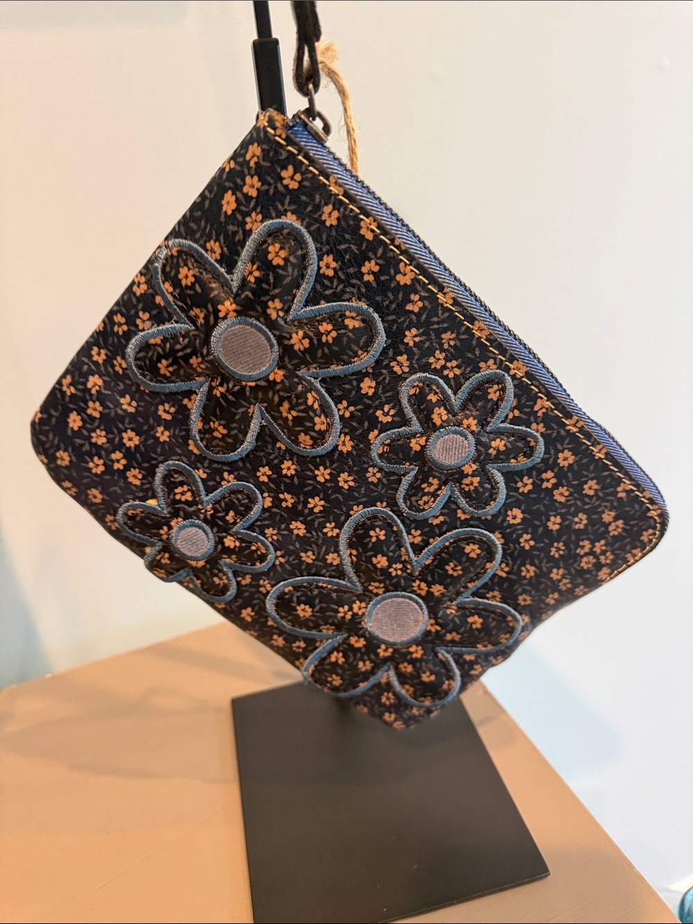Patricia Nash Navy Floral Appliqué Wristlet Clutch - Embroidered Flower Detail